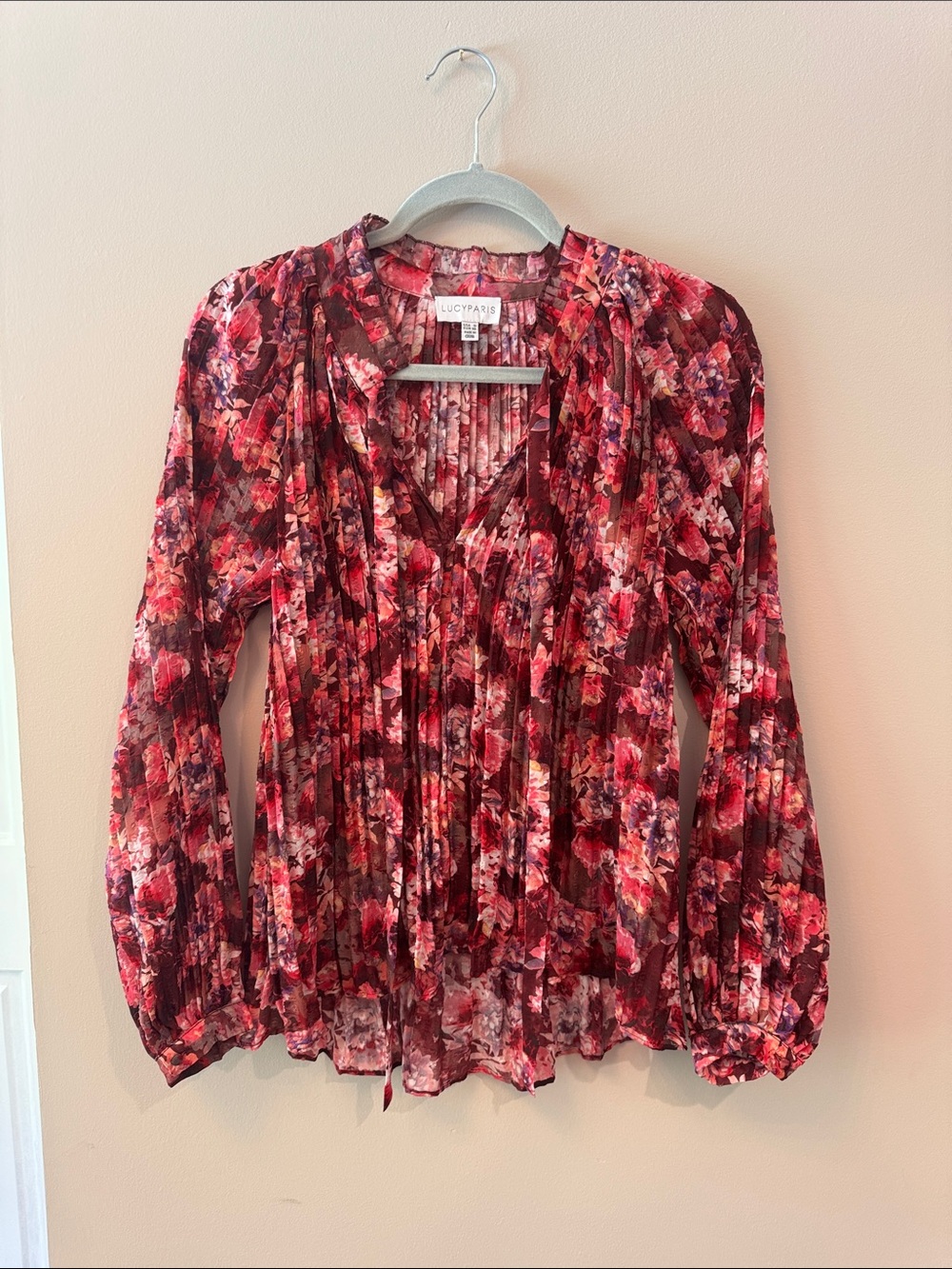 Lucy Paris Burgundy Red Floral Pleated V-Neck Blouse